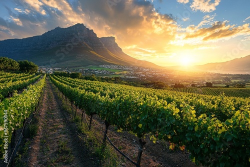 A beautiful vineyards with a mountain in the background during sunrise