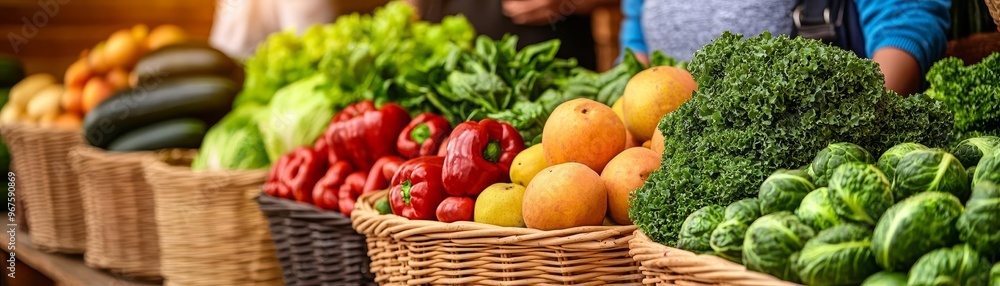 Fresh produce in rustic market aisles, organic greens, diverse customers with baskets, warm lighting enhancing earthy tones Fresh produce in rustic market aisles, organic greens, diverse customers with baskets, warm lighting enhancing earthy tones