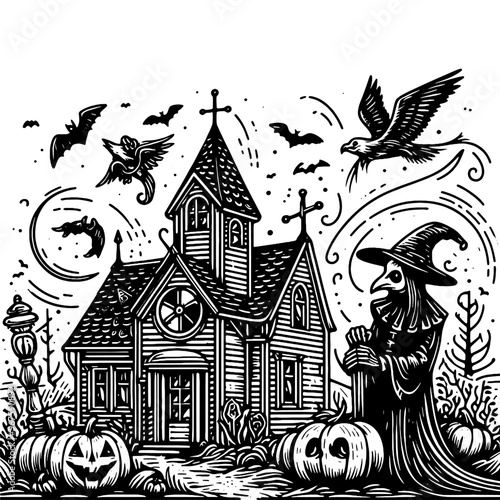 Halloween scene with haunted house, witch, pumpkins, and flying bats. Vector, generative ai.