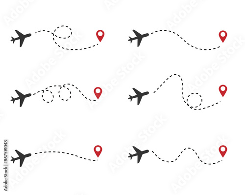 Airplane Flying to the Destination Marker with Flight Trace. Transportation means and travel destinations concept vector