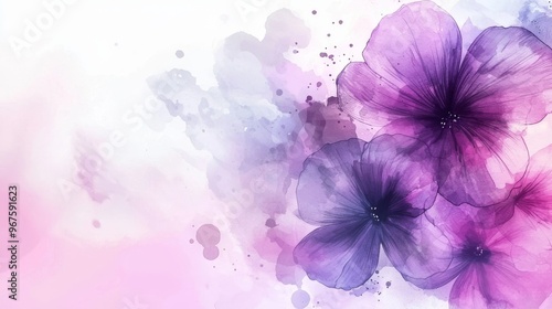Decorative background with purple and lilac colors. Watercolor painting on canvas with soft violet gradient. Fragment of red artwork on paper with floral pattern. Texture backdrop, macro.