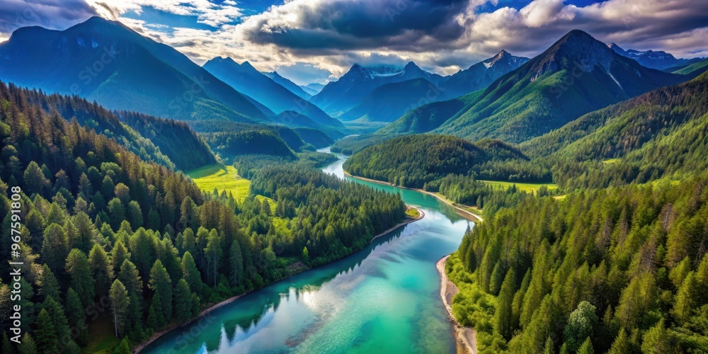 Fototapeta premium Aerial view of stunning mountain landscape with forests and blue rivers, mountains, aerial, landscape, forests, rivers
