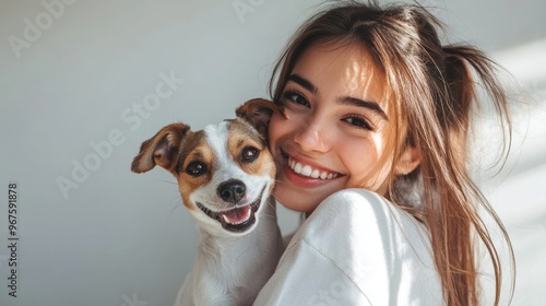 A young woman kisses her puppy Jack Russell terrier dog. Love between owner and pet. Studio portrait.