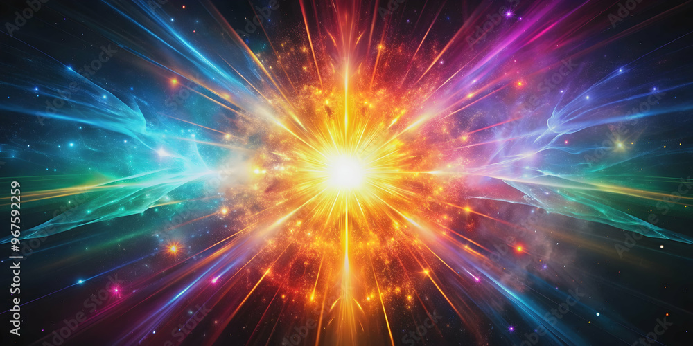 Dynamic explosion of glowing energy with vibrant colors in dark space , abstract, light burst, glowing, energy, explosion, vibrant