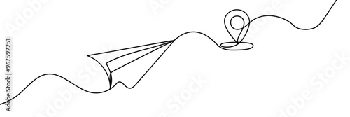 Continuous line drawing of aircraft flight routes and airport destinations. paper airplane icon and airplane destination line path of airplane flight route with starting point location in doodle style