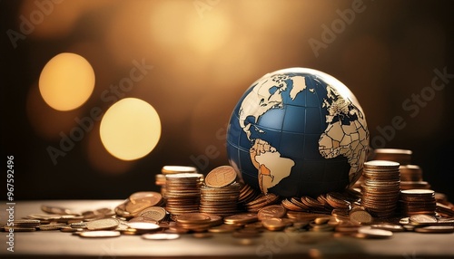 Global Wealth: A Globe Resting on a Pile of Coins Illustrating Financial Themes"