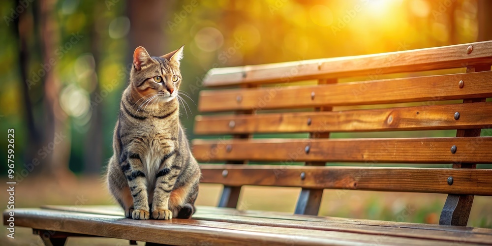 Obraz premium Cat sitting on a wooden bench , feline, pet, domestic, animal, cute, sitting, wooden, bench, outdoor, relaxed, calm, fur