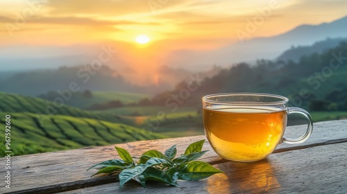 The background of the tea plantations is accompanied by a green tea cup with a green tea leaf