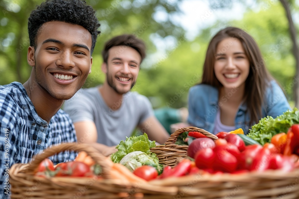 Multicultural group of friends enjoying an outdoor picnic, joyful and inclusive atmosphere with bright natural light in a park setting. Multicultural group of friends enjoying an outdoor picnic, joyful and inclusive atmosphere with bright natural light in a park setting.