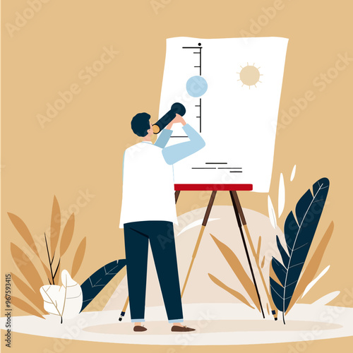A scientist examines weather patterns on a whiteboard, surrounded by tropical plants, highlighting climate research and environmental studies.