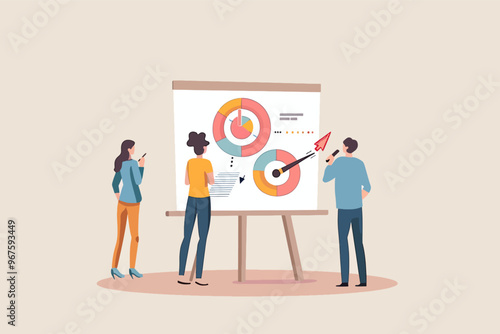 Three professionals examining colorful circular charts on a presentation board, demonstrating data analysis, teamwork, and business strategy.