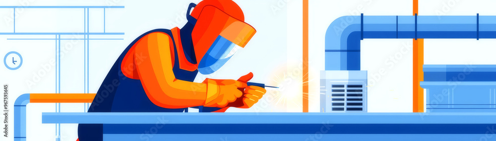 Welder in protective mask and gloves, welding near ventilation system, flat design illustration Welder in protective mask and gloves, welding near ventilation system, flat design illustration