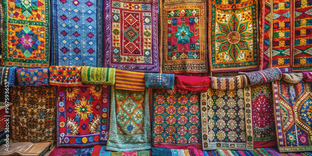 Colorful and intricate block-printed textiles on display in a vibrant market , vibrant, block-printed, textiles, traditional Colorful and intricate block-printed textiles on display in a vibrant market , vibrant, block-printed, textiles, traditional