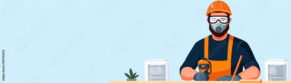 Carpenter with safety goggles and dust mask, working near air purifiers, flat design illustration Carpenter with safety goggles and dust mask, working near air purifiers, flat design illustration