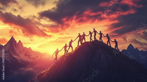 Panoramic view of team of people holding hands and helping each other reach the mountain top in spectacular mountain sunset landscape