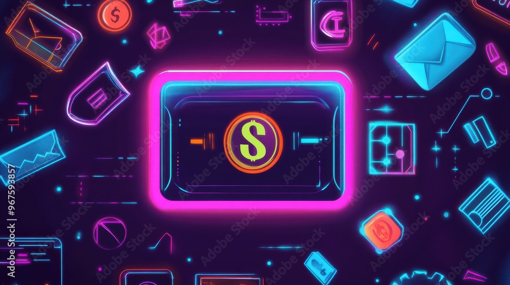 Obraz premium A vibrant digital illustration featuring money symbols and financial icons in neon colors, representing modern finance and technology.