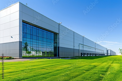 Modern warehouse facade on a sunny day, distribution center. Industrial Building of modern logistics hub. Loading dock. Large Business Entrance. Innovative logistic complex exterior. Cargo storage