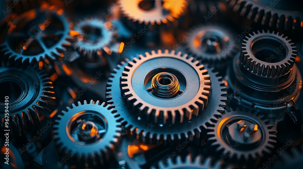 Close-up of Interlocking Metal Gears in a Machine Close-up of Interlocking Metal Gears in a Machine