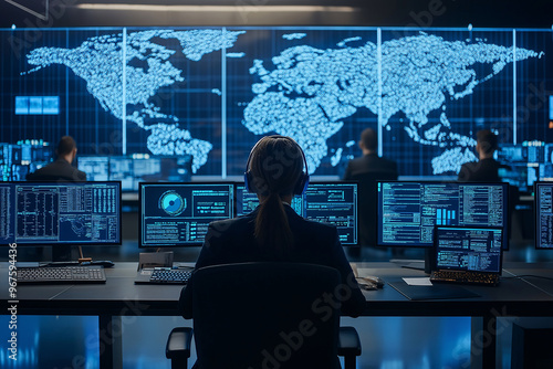 Cybersecurity Analyst Working on World Map Display
