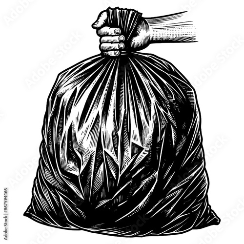 Hand gripping a trash bag in a monochrome illustration on white background. Vector, generative ai.