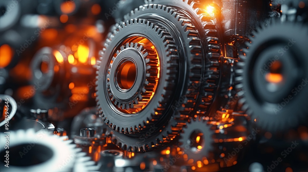 Close-up of Shiny Metal Gears Interlocking with Orange Glows Close-up of Shiny Metal Gears Interlocking with Orange Glows