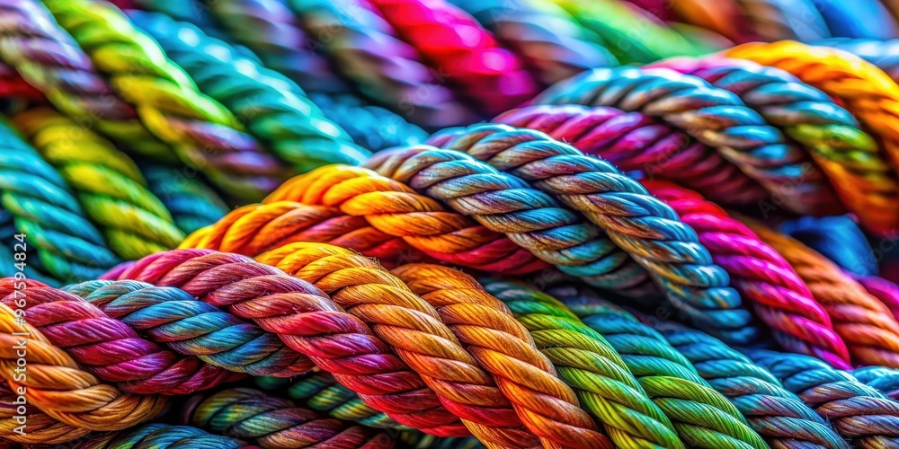 Close-up of vividly colored intertwined ropes with rich textures and intricate twists against a blurred background Close-up of vividly colored intertwined ropes with rich textures and intricate twists against a blurred background