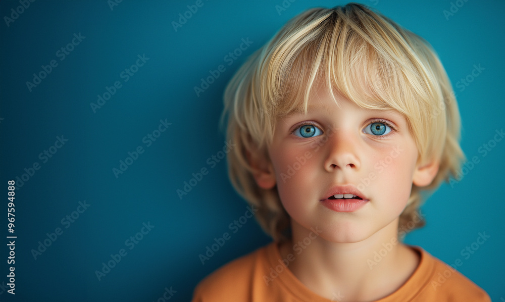 Naklejka premium Portrait of a cute little boy with blond hair and blue eyes
