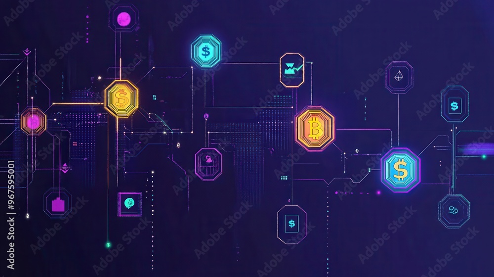 A vibrant digital network graphic showcasing cryptocurrency symbols and connections on a dark background, representing innovation. A vibrant digital network graphic showcasing cryptocurrency symbols and connections on a dark background, representing innovation.