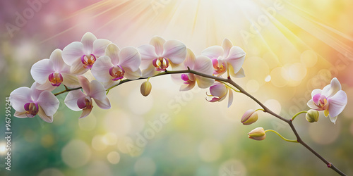 Sunlit delicate orchid branch in full bloom , nature, flowers, orchids, delicate, sunlight, beauty, exotic, tropical