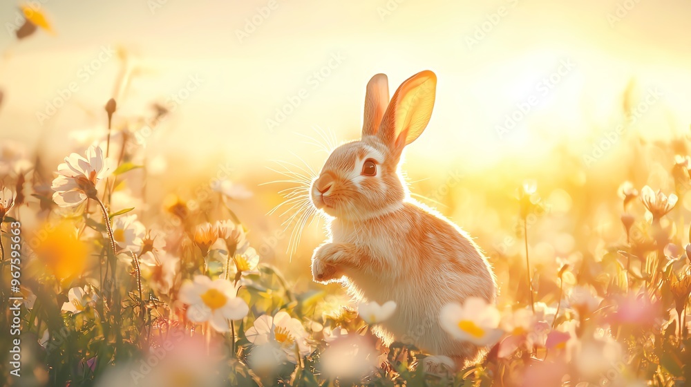 Rabbit hopping in meadow close up, focus on, copy space spring flowers around, Double exposure silhouette with flowers Rabbit hopping in meadow close up, focus on, copy space spring flowers around, Double exposure silhouette with flowers