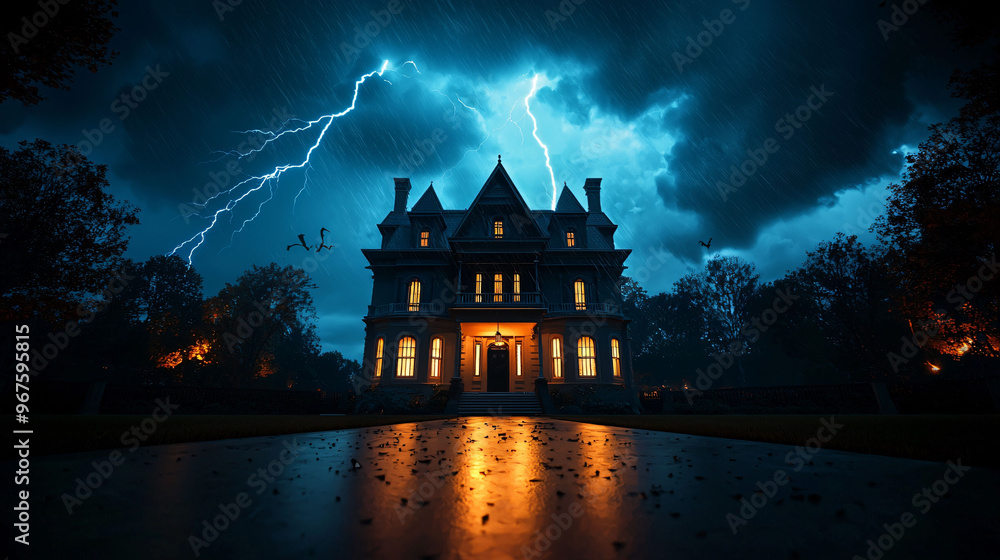 Obraz premium A haunted Victorian house stands ominously under dark clouds, illuminated by flashes of lightning. eerie atmosphere evokes sense of mystery and suspense