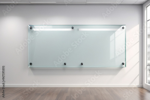 Blank transparent glass sign plate on the white wall, AI Generated