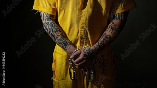 a prisoner costume with fake tattoos and handcuffs, set against a dark background photo