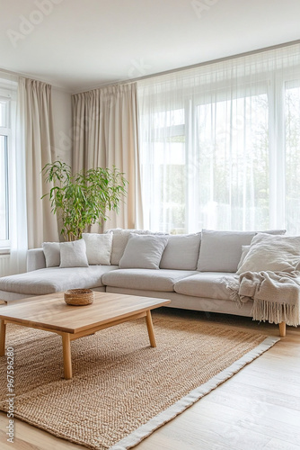 Minimalist living room interiors in modern Polish houses with windows and white sofas and wood tables. Generative AI
