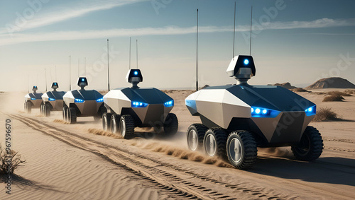 Title: A Convoy of Sleek Metallic Unmanned Ground Vehicles

