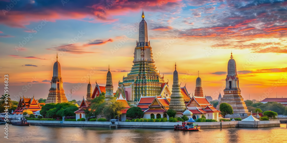 Fototapeta premium Majestic Chinese-style painting of Wat Arun with colorful spires in a riverside setting, Chinese, painting, Wat Arun