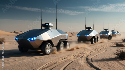 Title: A Convoy of Sleek Metallic Unmanned Ground Vehicles

