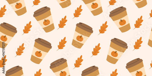 Fall cozy seamless pattern with pumpkin spice latte. Hand drawn print cup paper coffee with autumn leaves and pumpkin. Vector trendy illustration.