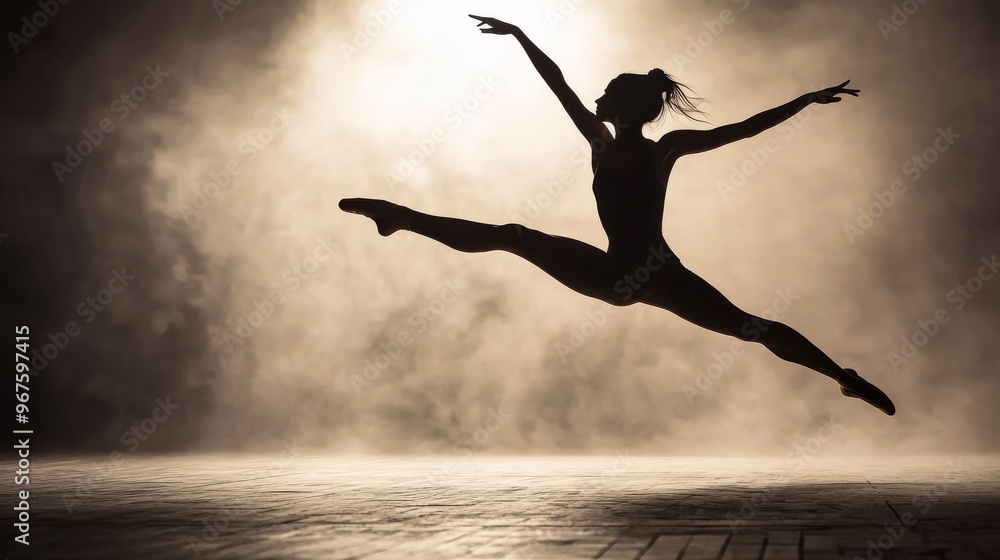 Obraz premium Silhouette of ballet dancer in mid-leap elegant pose.