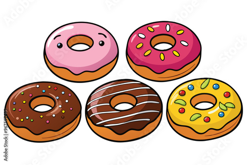 Set of different types donut sweet bakery in premium style vector illustration on white background