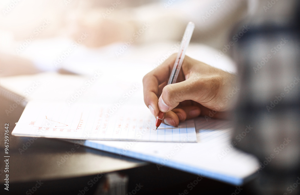 Writing, education or hand of person in college for learning, notes or accounting course. Student, books or studying at table for exam preparation, finance assignment or lesson on stats in university Writing, education or hand of person in college for learning, notes or accounting course. Student, books or studying at table for exam preparation, finance assignment or lesson on stats in university