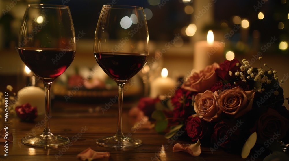 Romantic dinner. Bouquet of flowers lying on the table, two glasses of red wine and candles on a wooden table Romantic dinner. Bouquet of flowers lying on the table, two glasses of red wine and candles on a wooden table
