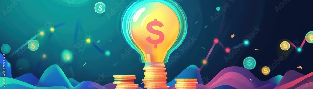 A vibrant light bulb symbolizes innovative ideas and financial growth, surrounded by colorful waves and abstract shapes. A vibrant light bulb symbolizes innovative ideas and financial growth, surrounded by colorful waves and abstract shapes.