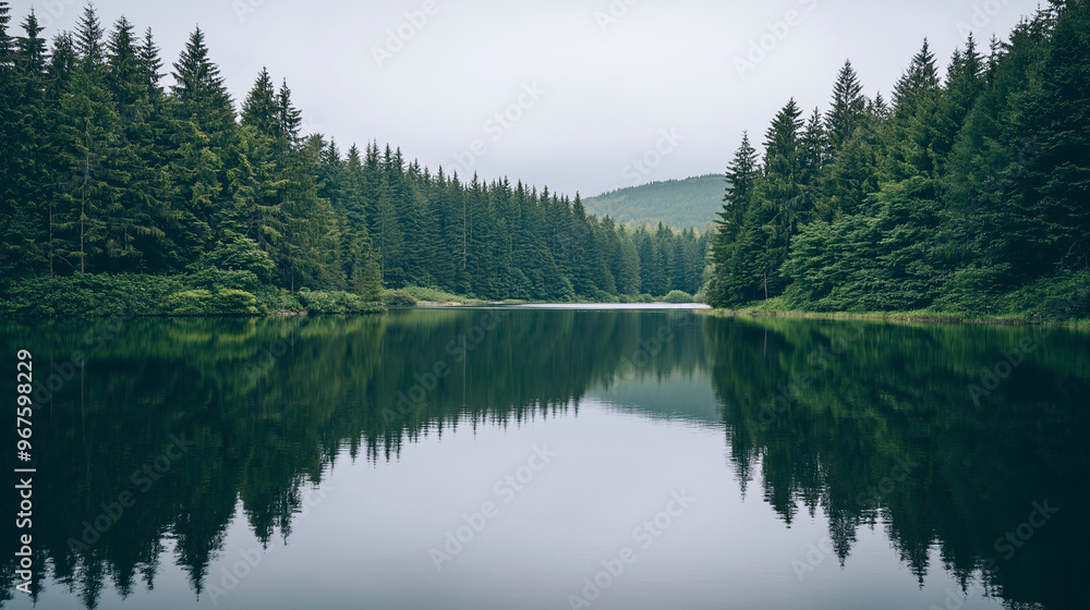 A serene lake nestled among tall pine trees reflecting the tranquil beauty of nature on a cloudy day A serene lake nestled among tall pine trees reflecting the tranquil beauty of nature on a cloudy day