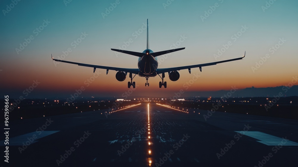 Airplane landing on runway at night with city lights in background Airplane landing on runway at night with city lights in background