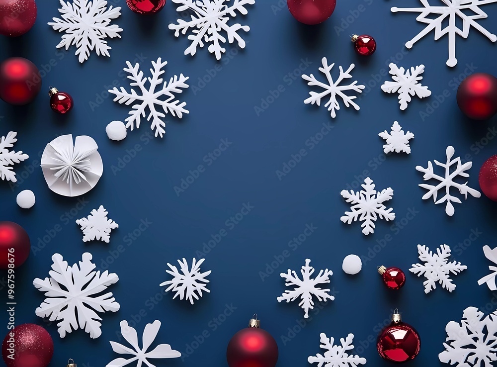 A flat lay of Christmas decorations on a navy blue background, with white paper snowflakes and red ornaments arranged in an oval shape around the edges A flat lay of Christmas decorations on a navy blue background, with white paper snowflakes and red ornaments arranged in an oval shape around the edges