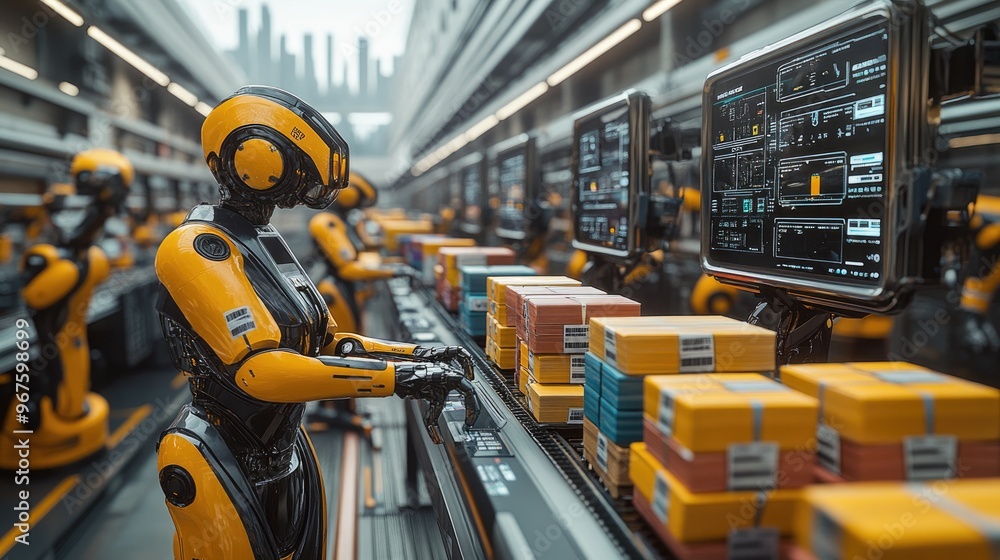 Fototapeta premium A robot is working in a factory with other robots