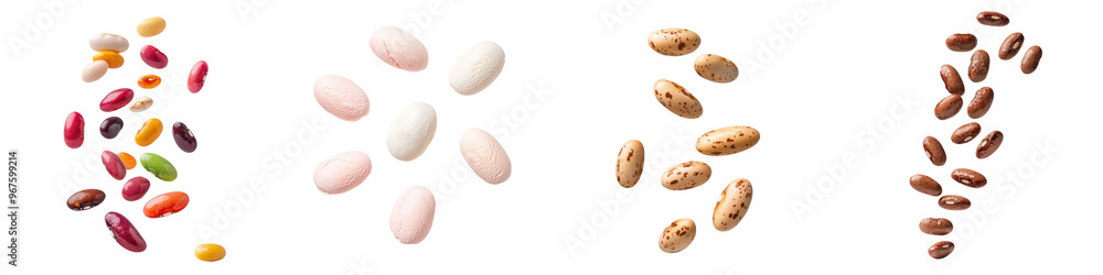 falling ripe ice cream beans on white background, full depth of field, transparent background falling ripe ice cream beans on white background, full depth of field, transparent background