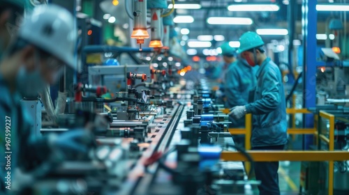 A factory with workers wearing masks and gloves