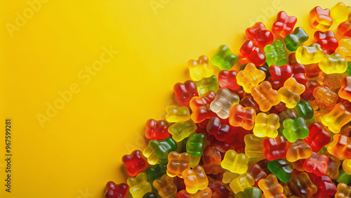 Colorful Haribo Gummy Bears on bright yellow background, gummy bears, candy, vibrant, colorful, sweets, snack, chewy, fruity